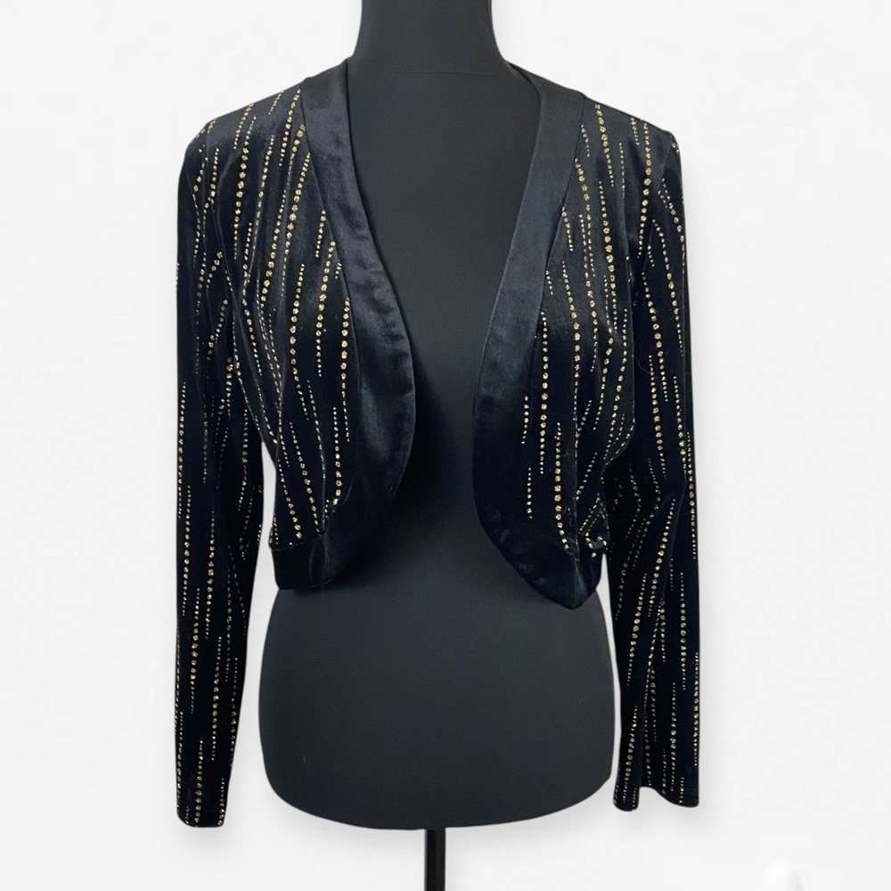 Y2K Notations Black and Gold glitter accented crop open front evening Jacket M